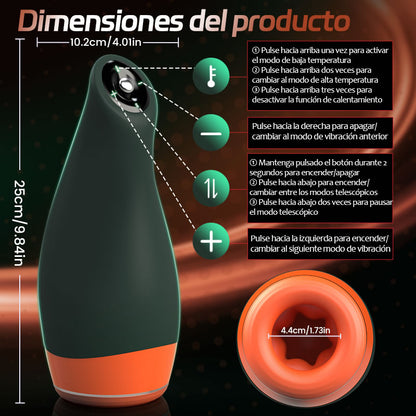 Warming - Simula la temperatura de la cavidad oral con vibración y función telescópica 2 en 1 para masturbación masculina
